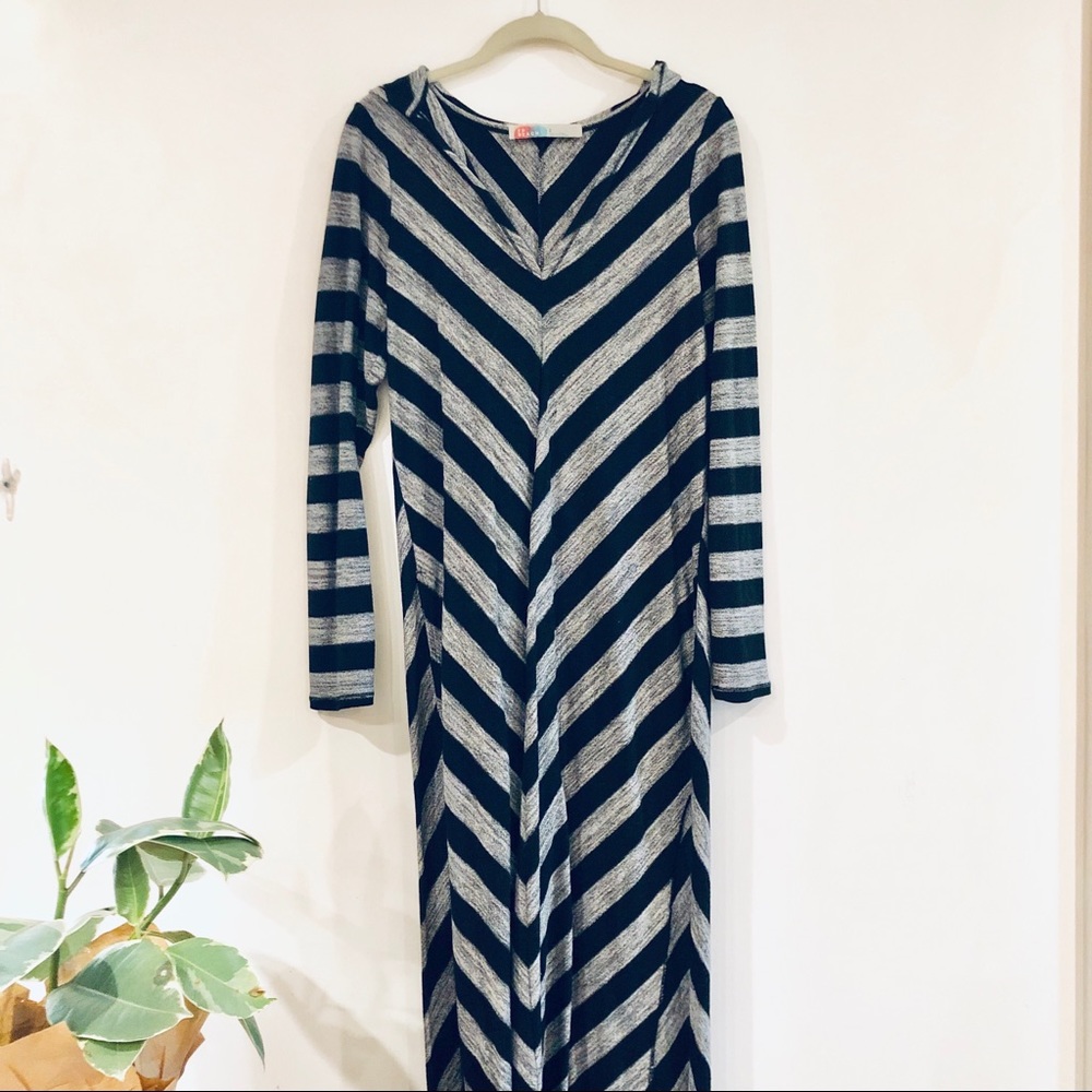 FP Hooded Striped Maxi Dress-Side Slit and Pockets